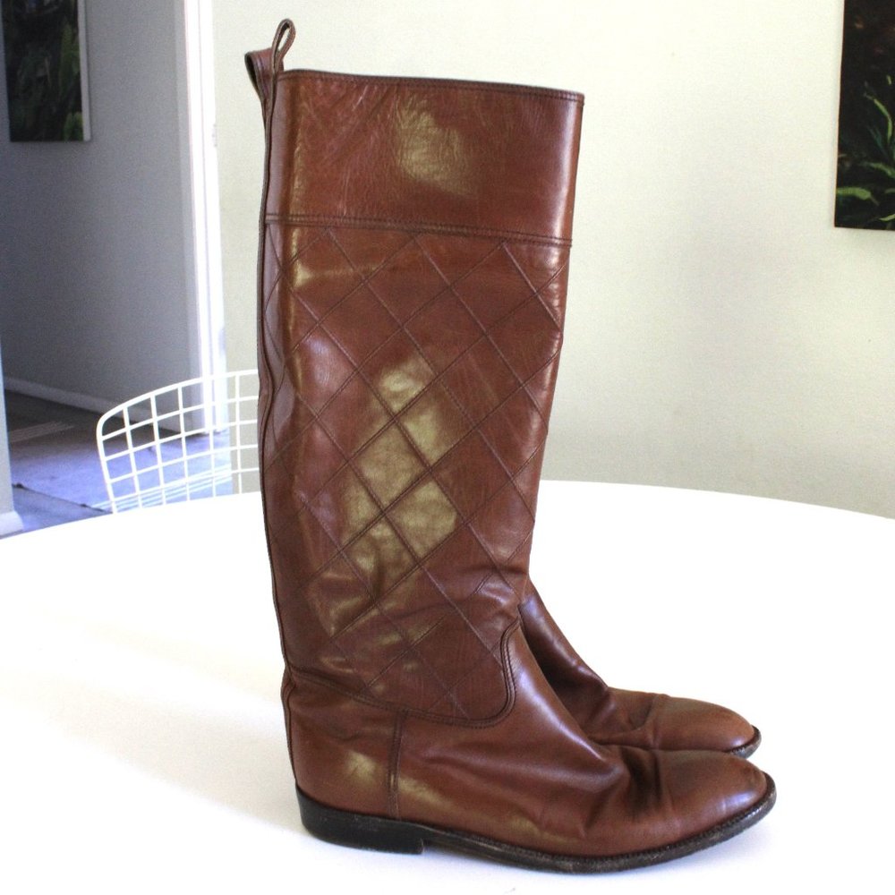 Vintage CHANEL Quilted Brown Riding Boots Size 38